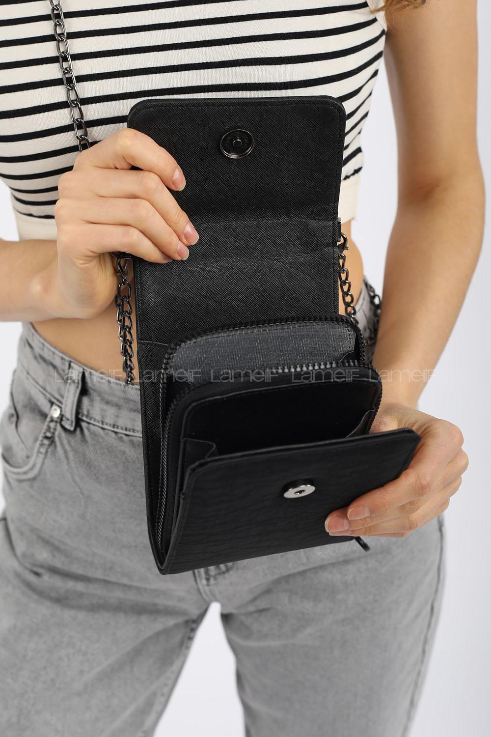 Modalamelif  Cüzdan Bölmeli Çapraz  Kırınkıl Kumaş Çanta Siyah