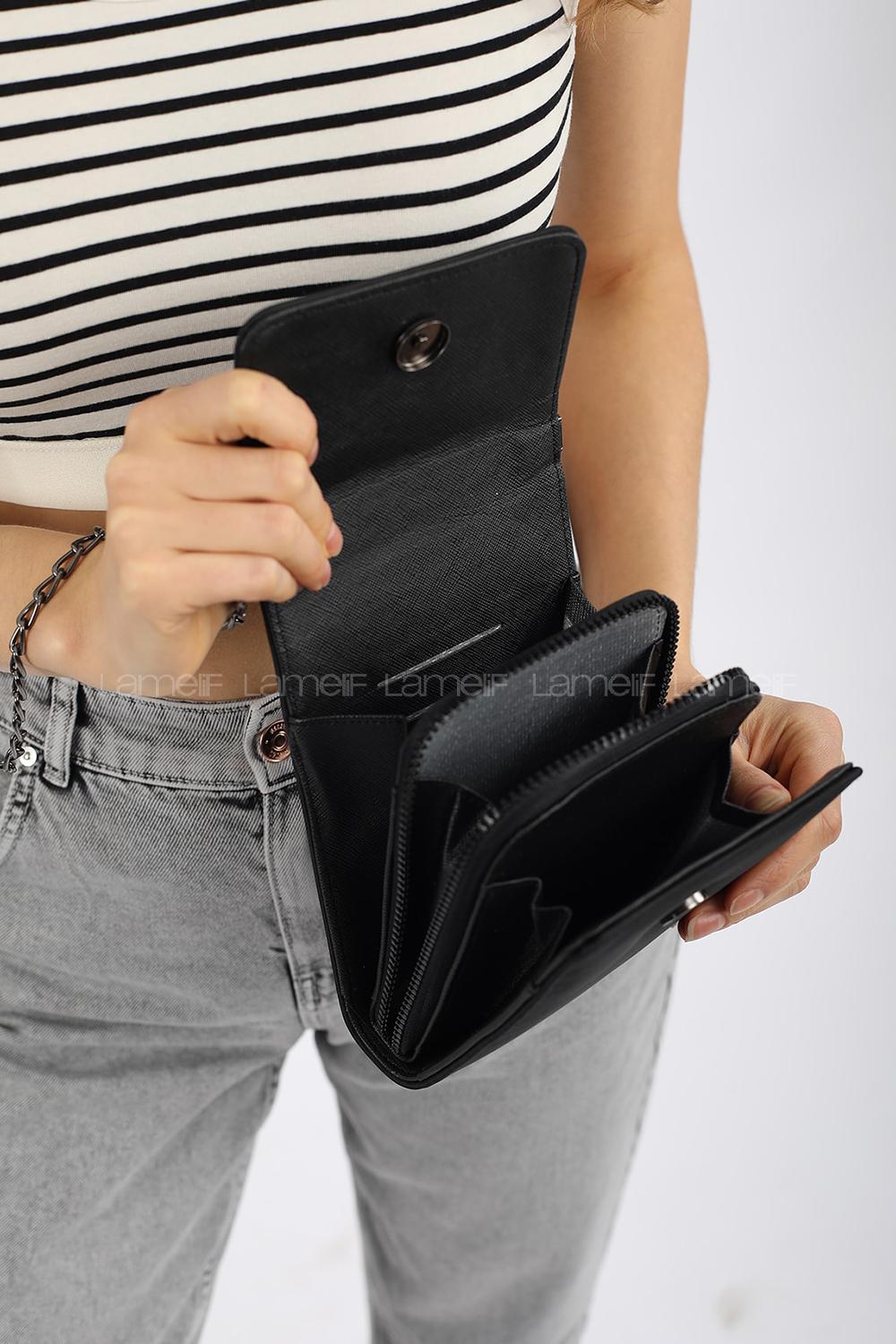 Modalamelif  Cüzdan Bölmeli Çapraz  Kırınkıl Kumaş Çanta Siyah