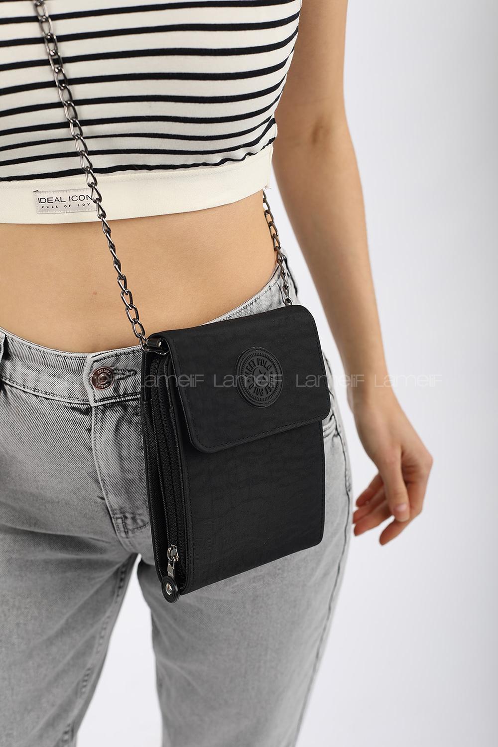 Modalamelif  Cüzdan Bölmeli Çapraz  Kırınkıl Kumaş Çanta Siyah