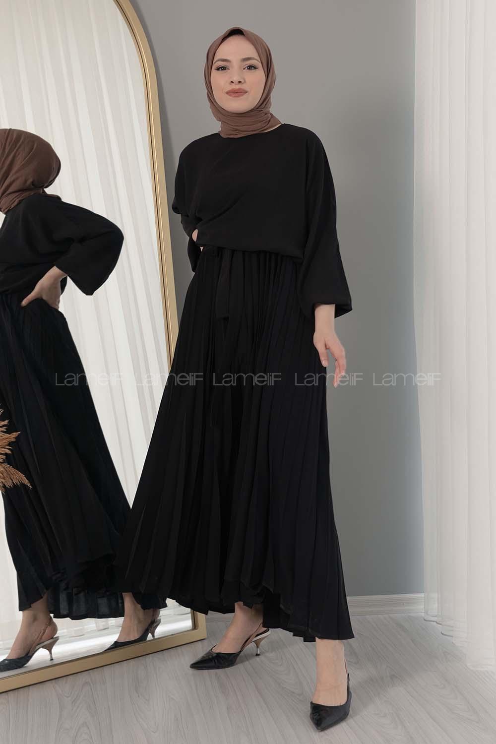 Modalamelif Eteği Pileli Kemerli Kuşaklı Elbise Siyah