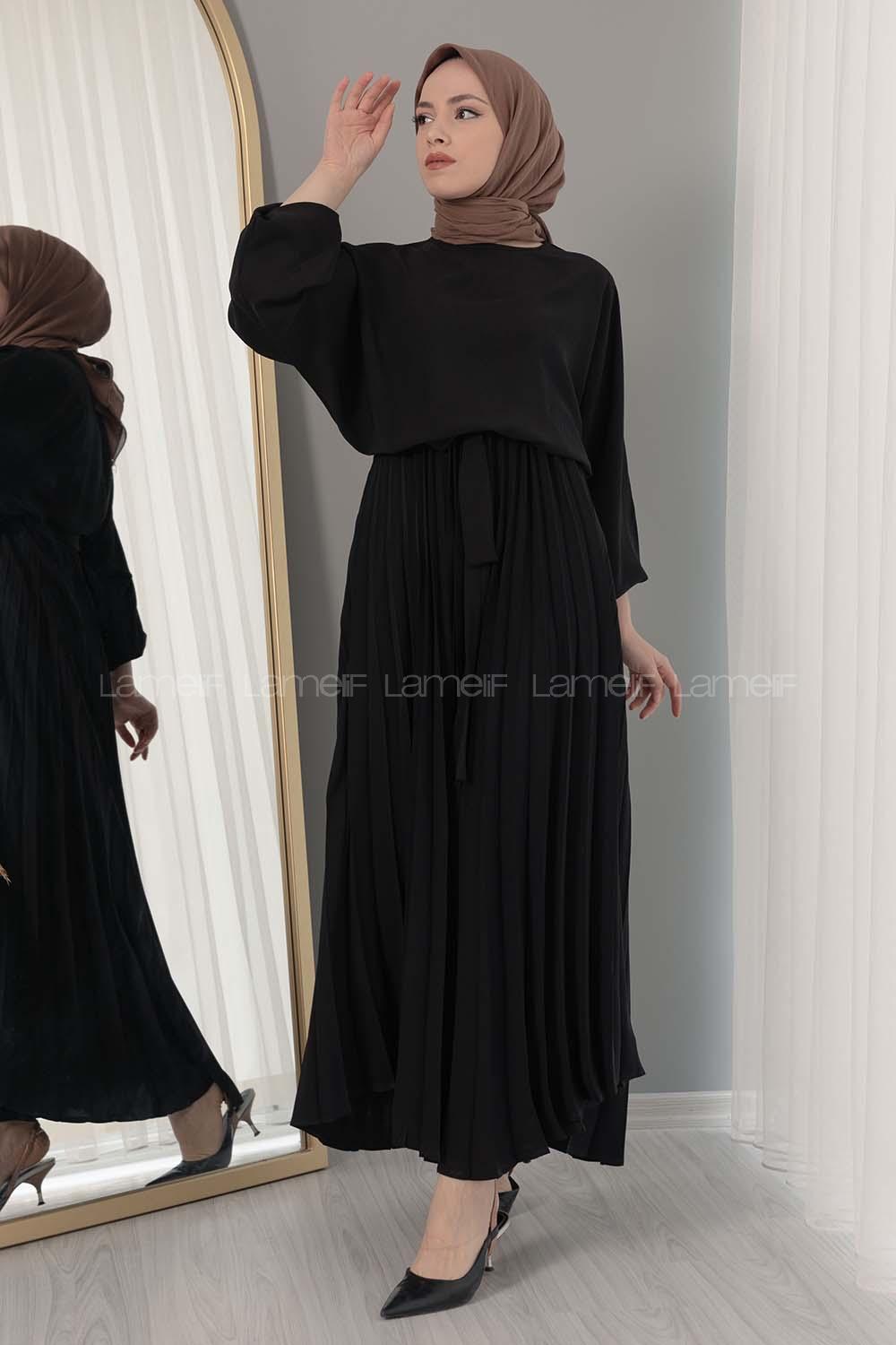 Modalamelif Eteği Pileli Kemerli Kuşaklı Elbise Siyah