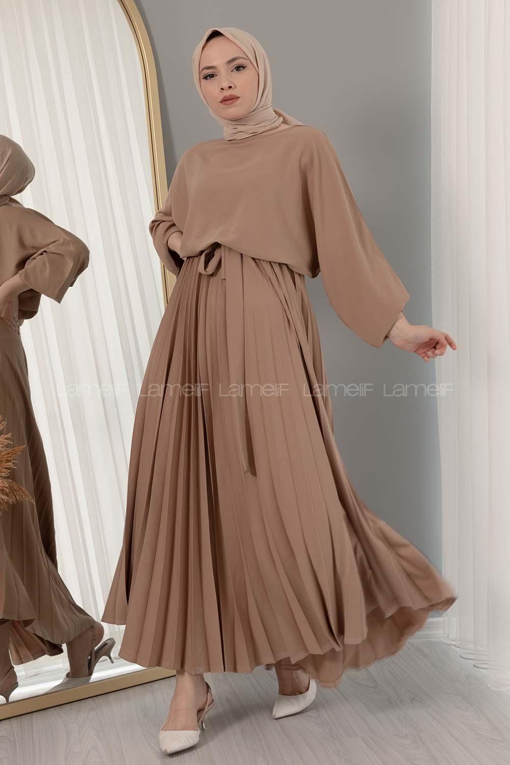 Modalamelif Eteği Pileli Kemerli Kuşaklı Elbise Soft Kahve