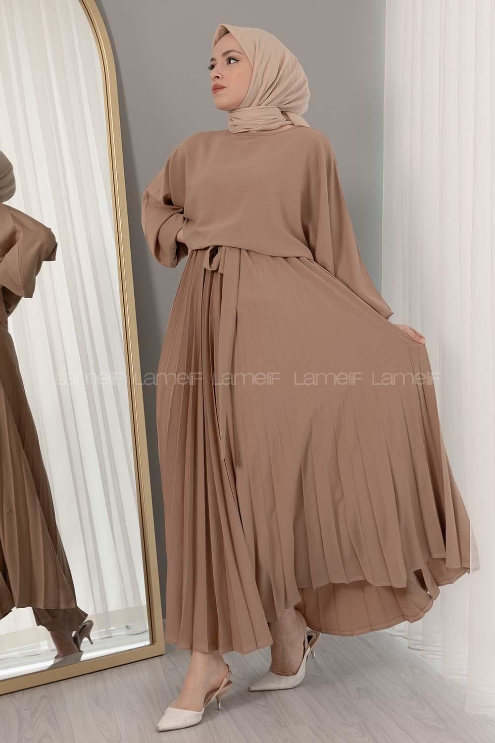 Modalamelif Eteği Pileli Kemerli Kuşaklı Elbise Soft Kahve