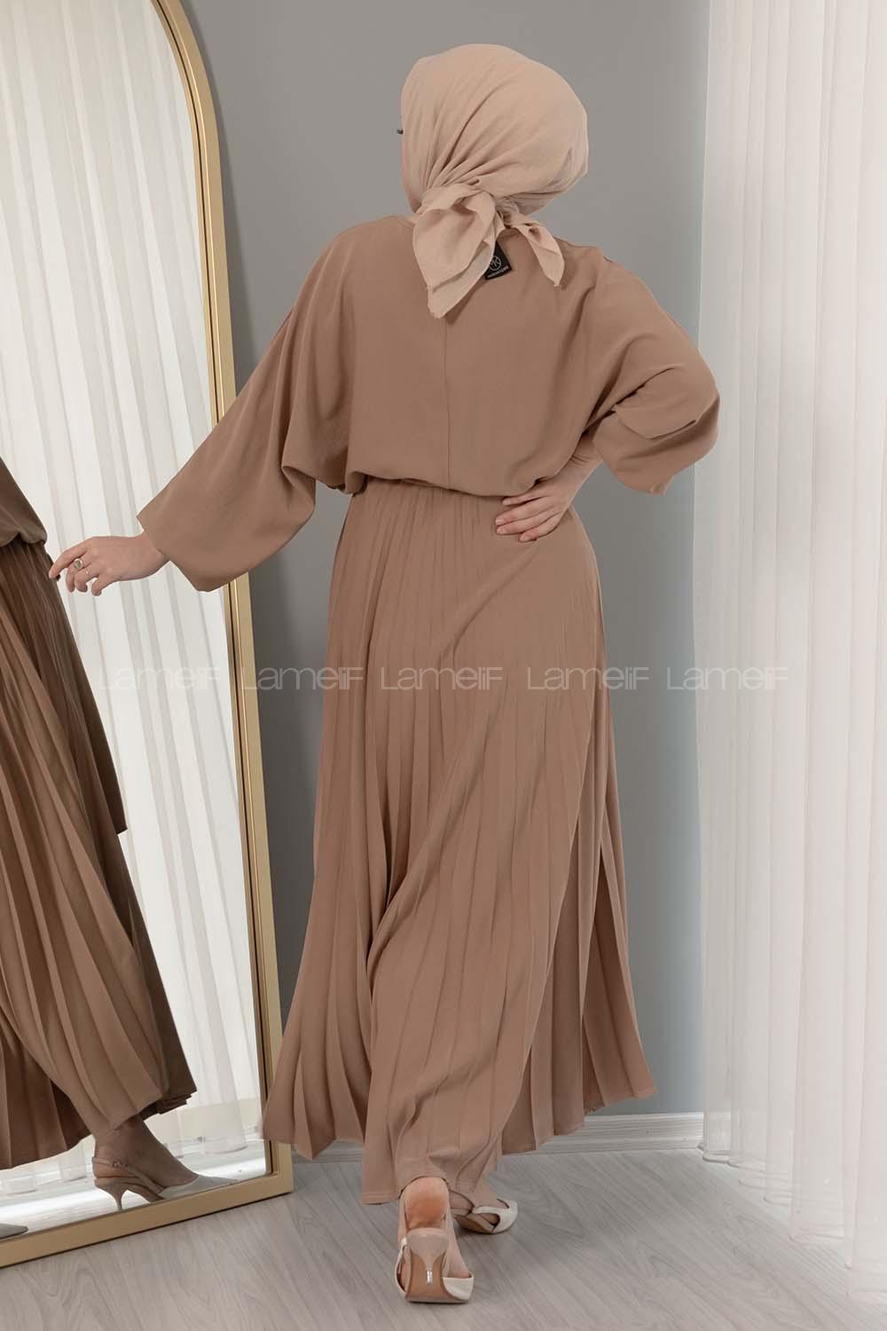 Modalamelif Eteği Pileli Kemerli Kuşaklı Elbise Soft Kahve