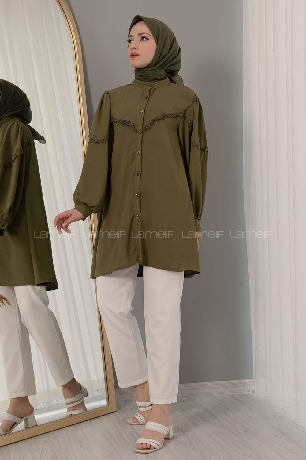 Modalamelif Hakim Yaka Balon Kol Gömlek Haki