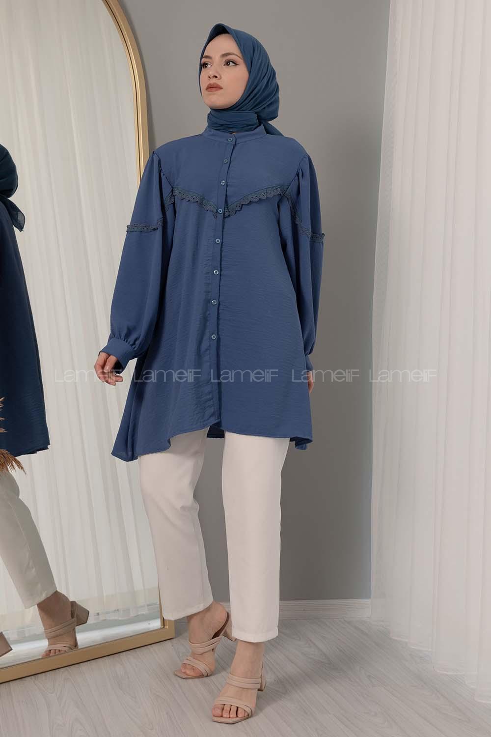 Modalamelif Hakim Yaka Balon Kol Gömlek İndigo