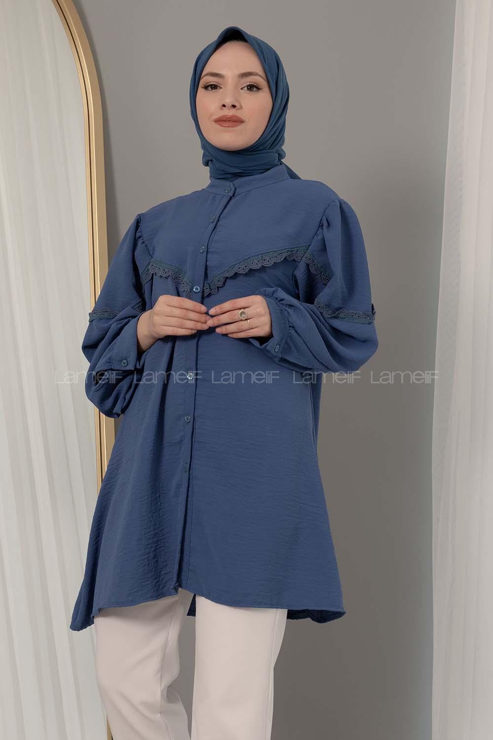 Modalamelif Hakim Yaka Balon Kol Gömlek İndigo