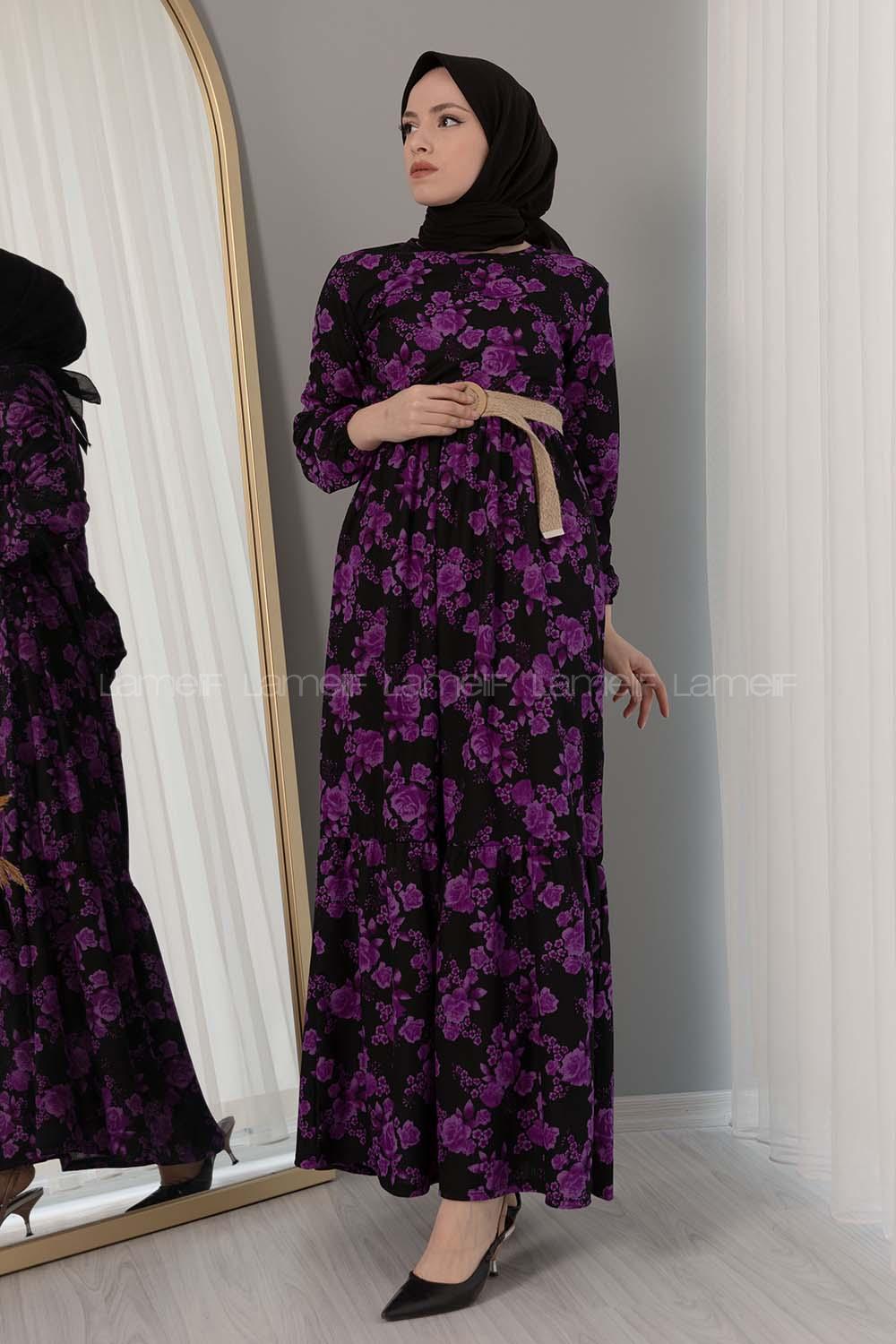 Modalamelif Hasır Kemerli Gül Desen Elbise Mor