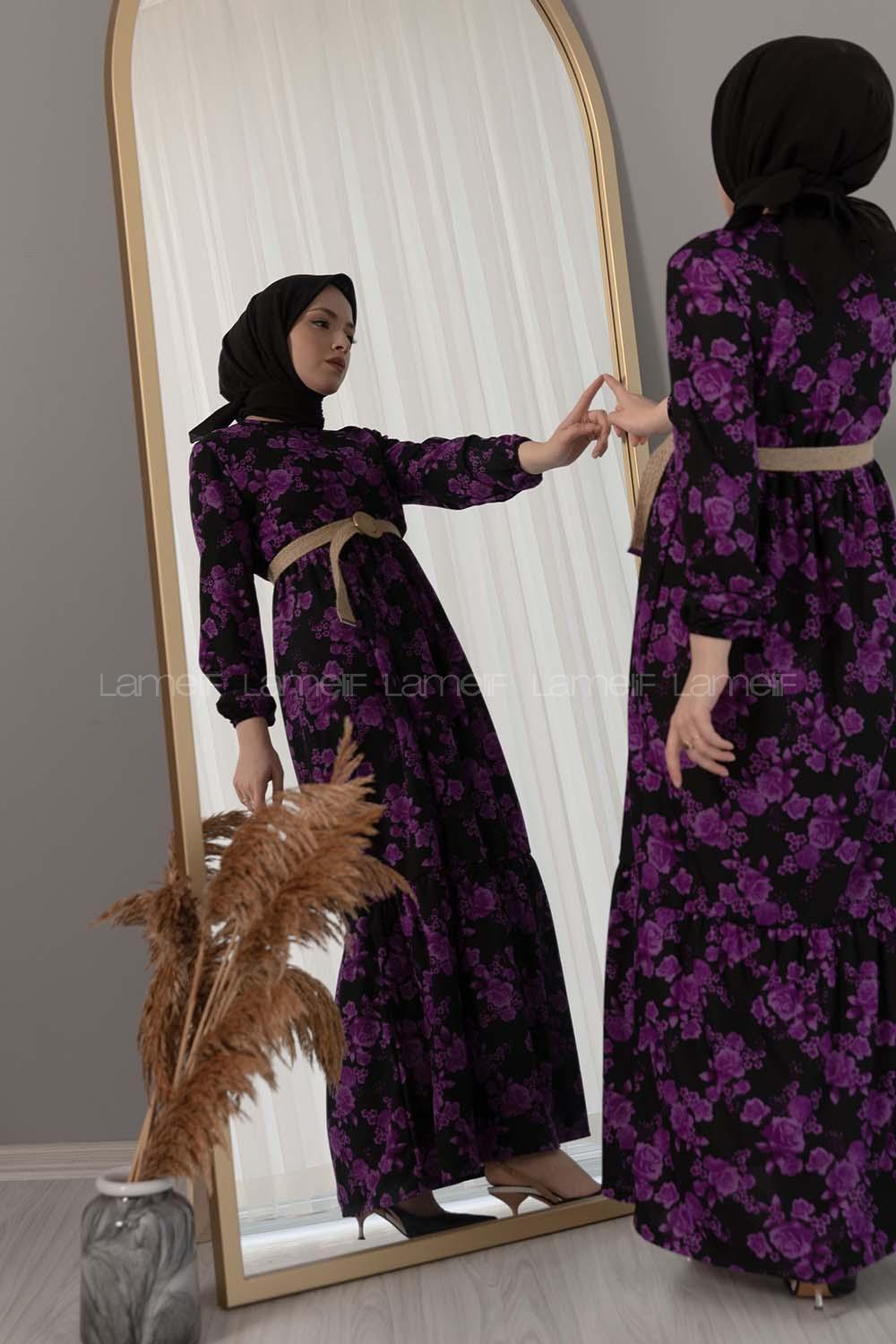 Modalamelif Hasır Kemerli Gül Desen Elbise Mor