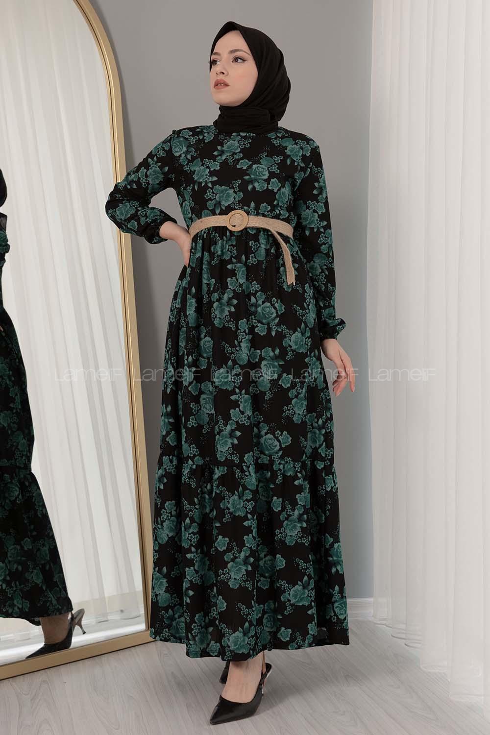 Modalamelif Hasır Kemerli Gül Desen Elbise Yeşil