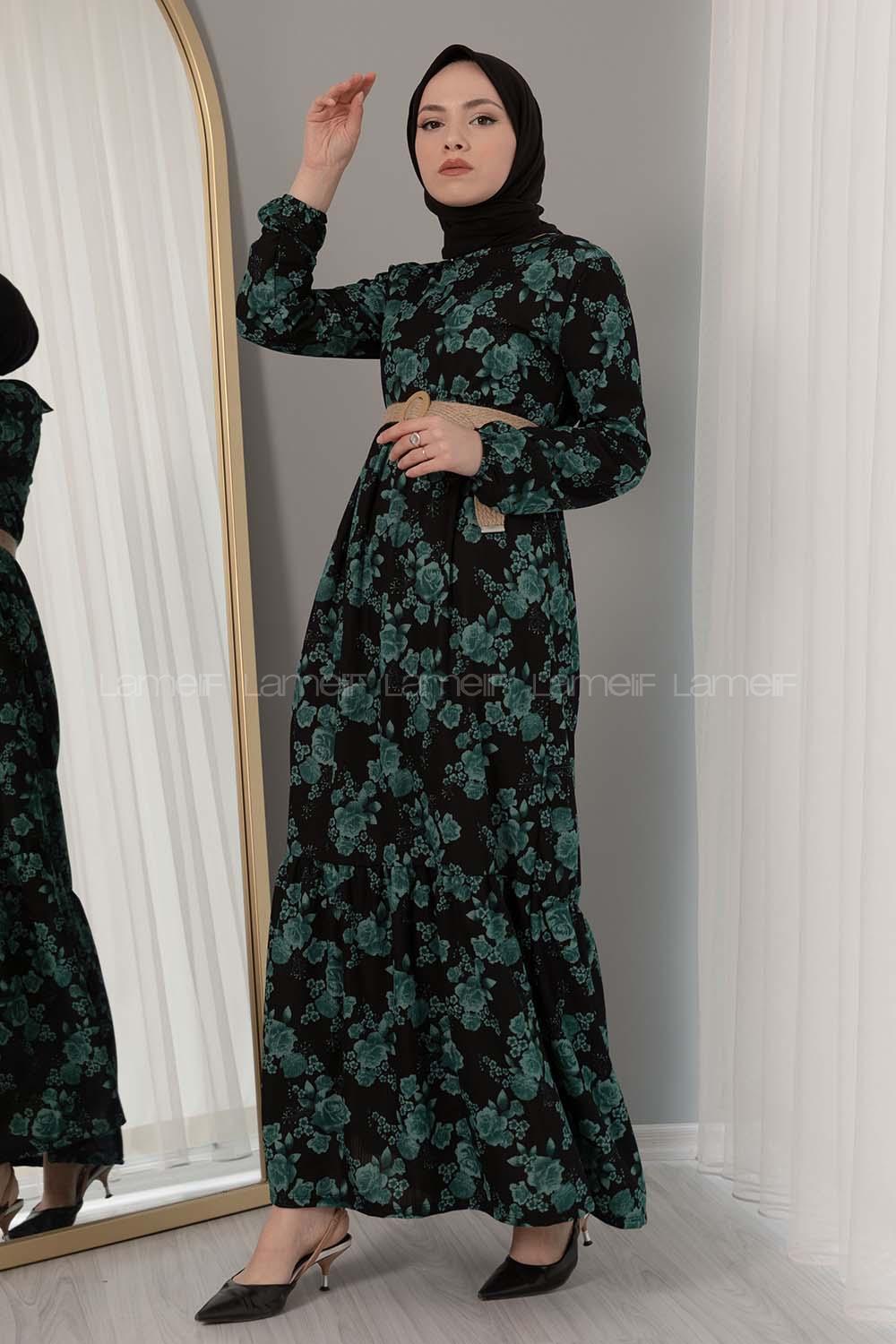 Modalamelif Hasır Kemerli Gül Desen Elbise Yeşil