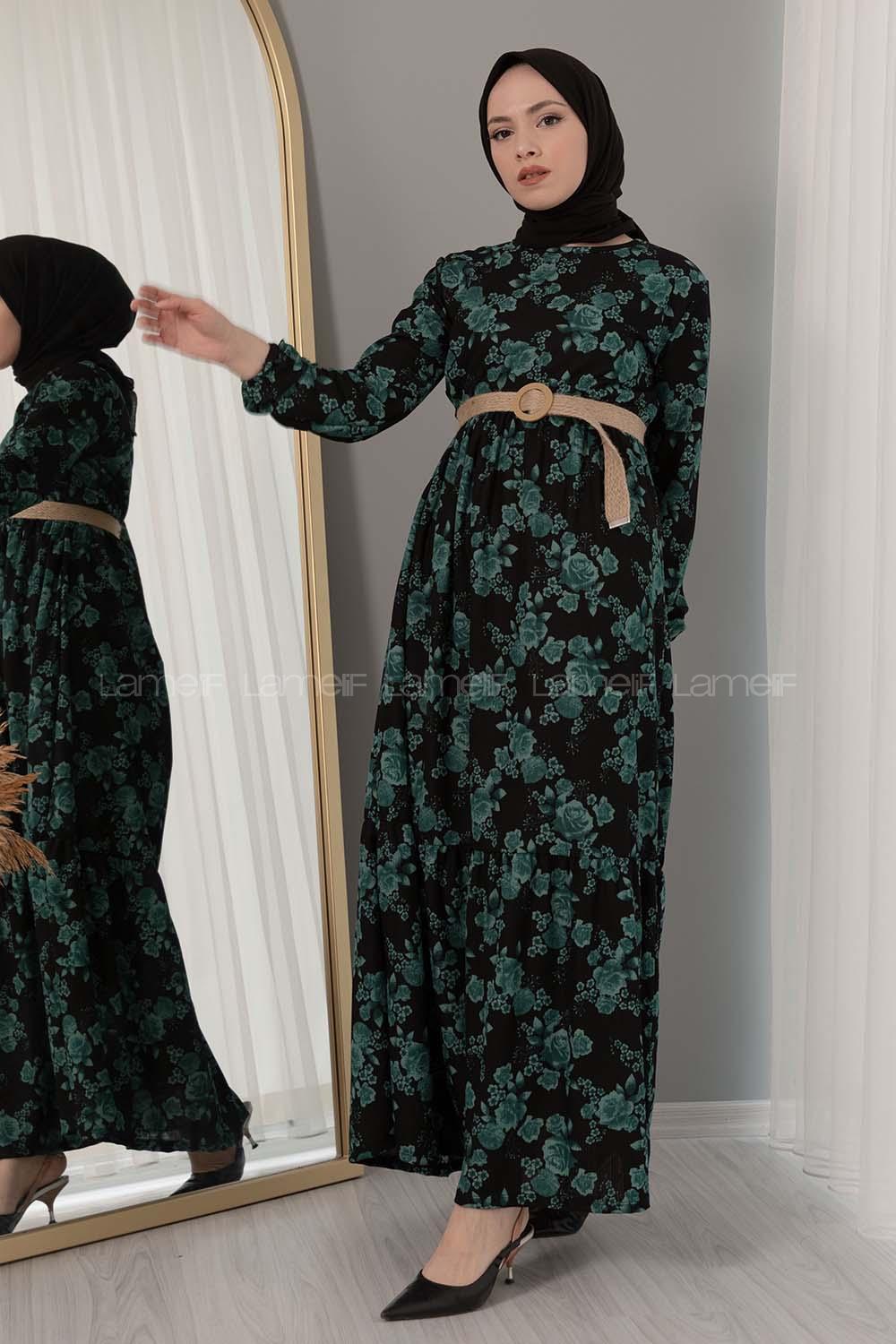 Modalamelif Hasır Kemerli Gül Desen Elbise Yeşil