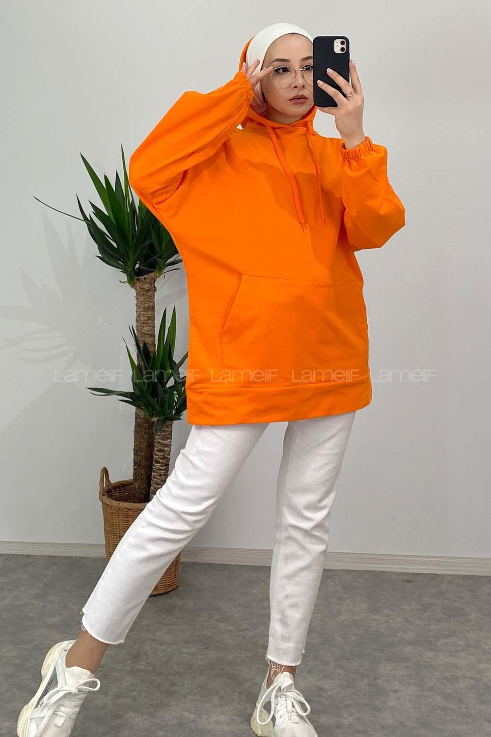 Modalamelif  Kanguru Cepli Kapşonlu Sweatshirt Oranj