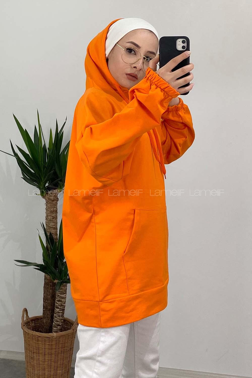 Modalamelif  Kanguru Cepli Kapşonlu Sweatshirt Oranj