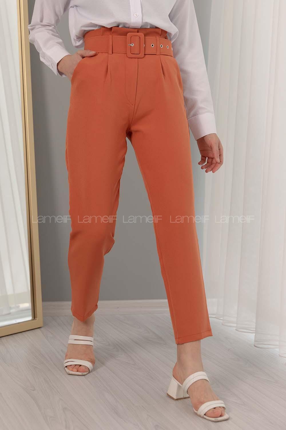 Modalamelif Kaplama Kemerli Pantolon Açık Kiremit