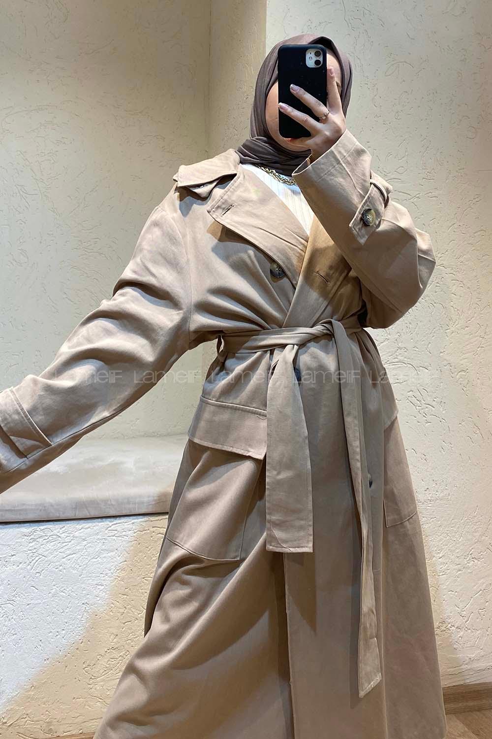 Modalamelif Kuşak Bağlamalı Kapşonlu Trenç Bej