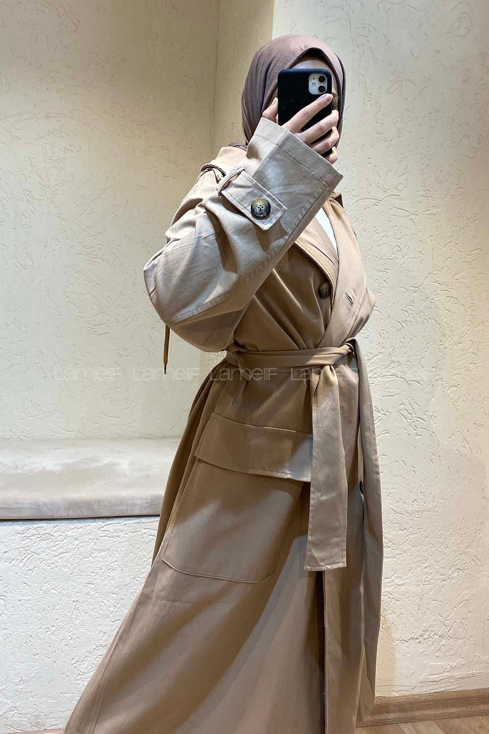 Modalamelif Kuşak Bağlamalı Kapşonlu Trenç Bej