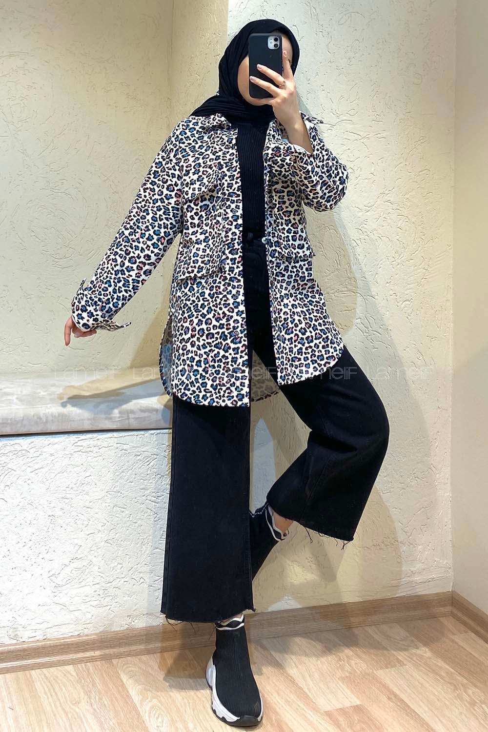 Modalamelif Leopar Desen Kot Ceket Siyah Pudra
