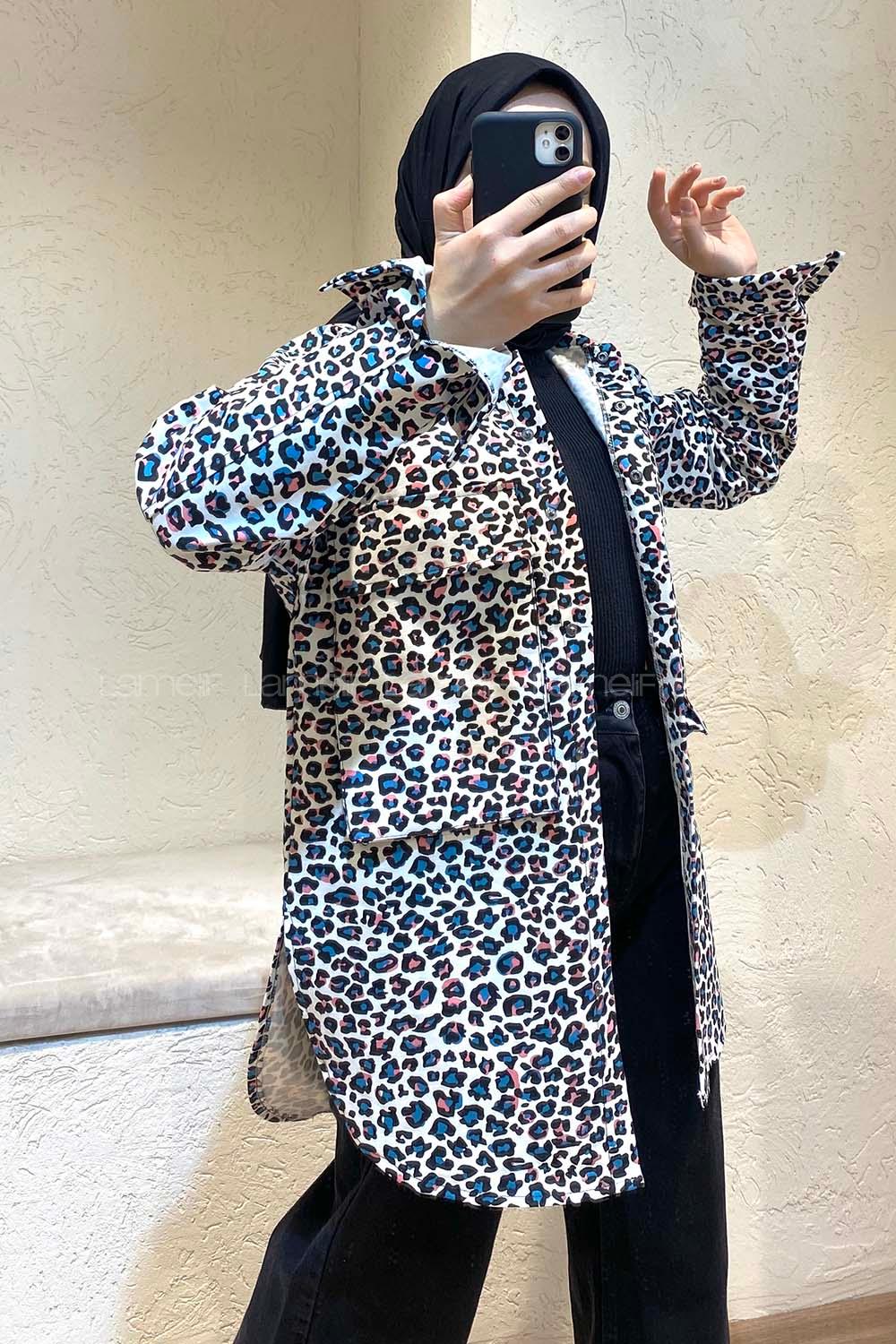 Modalamelif Leopar Desen Kot Ceket Siyah Pudra