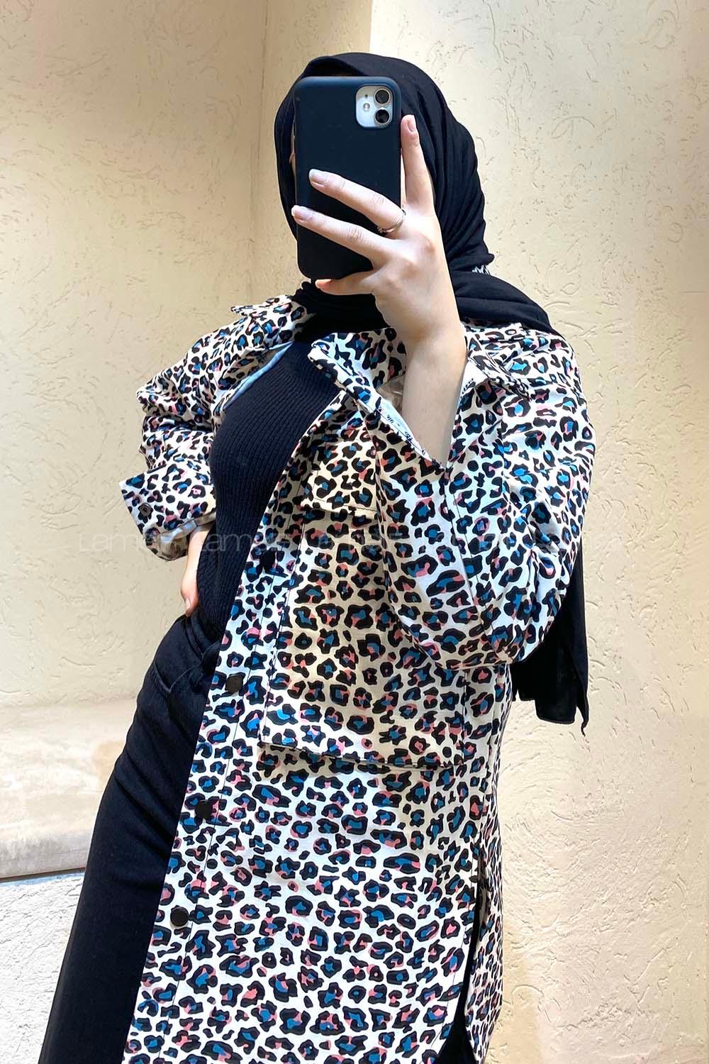 Modalamelif Leopar Desen Kot Ceket Siyah Pudra