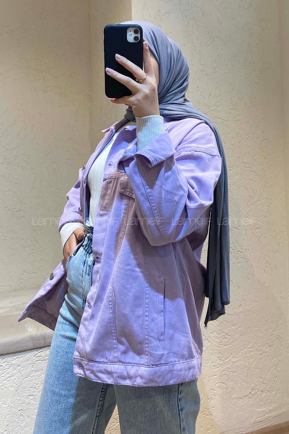 Modalamelif Önü Düğmeli Crop Ceket Lila