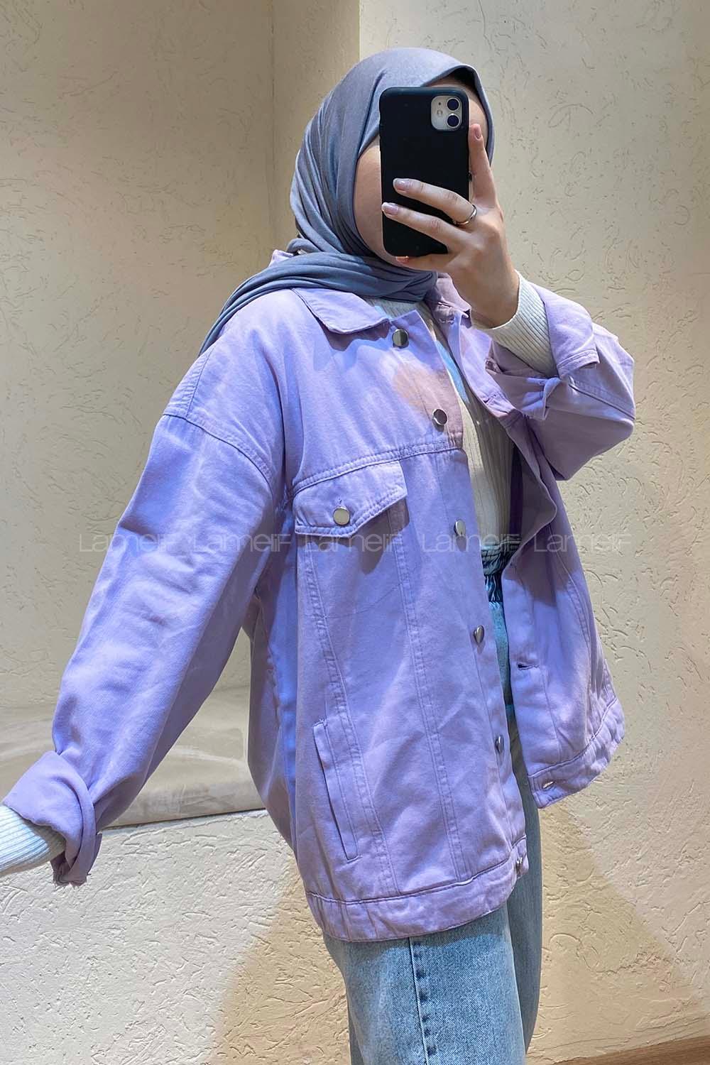 Modalamelif Önü Düğmeli Crop Ceket Lila