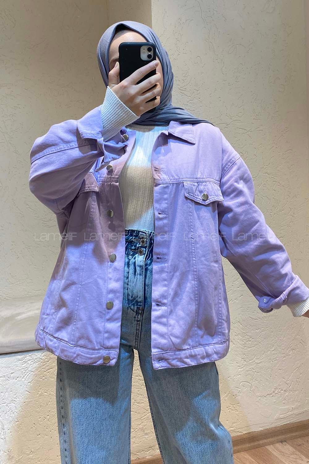 Modalamelif Önü Düğmeli Crop Ceket Lila