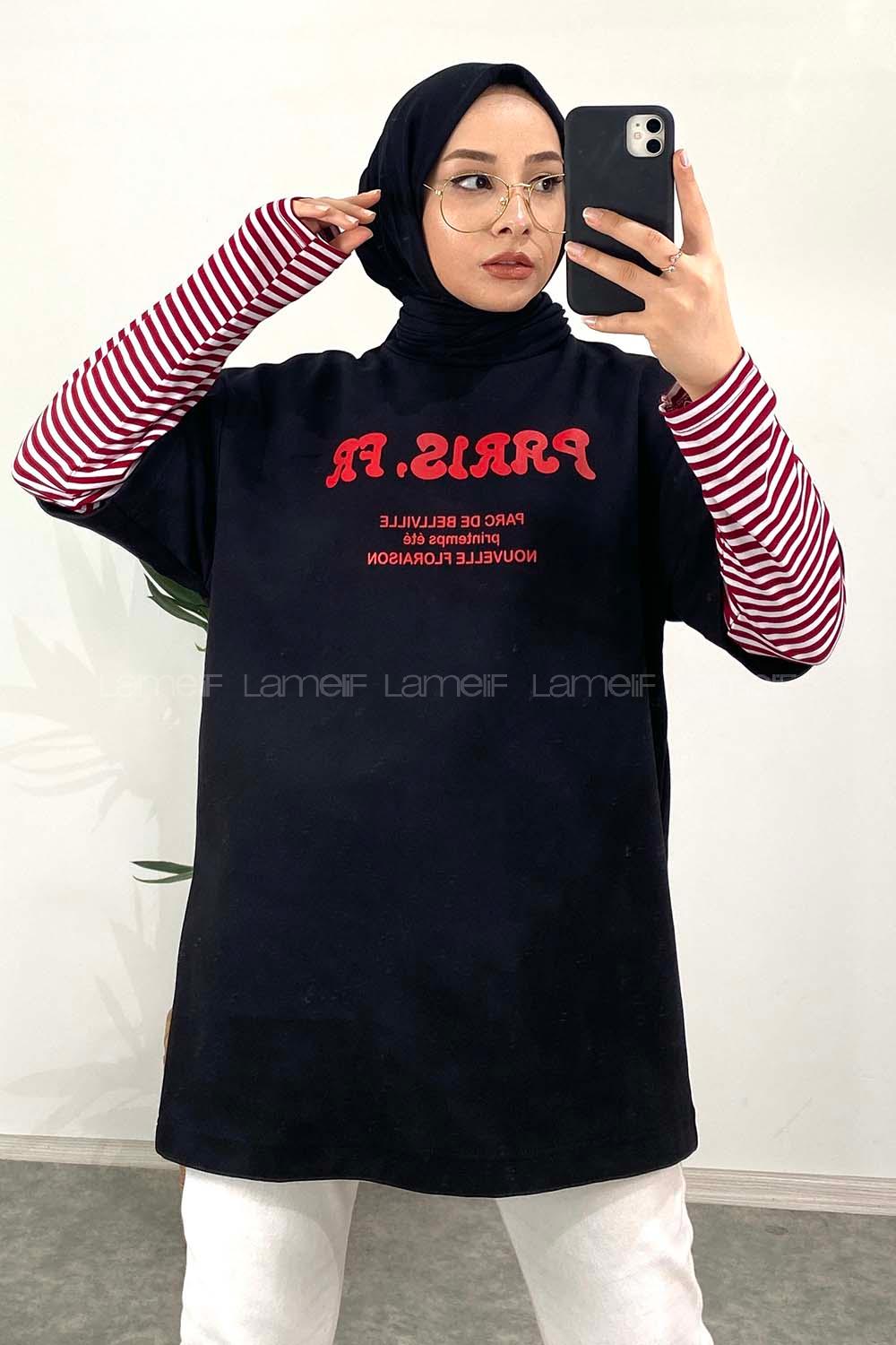 Modalamelif Paris Baskılı Oversize T-Shirt Siyah