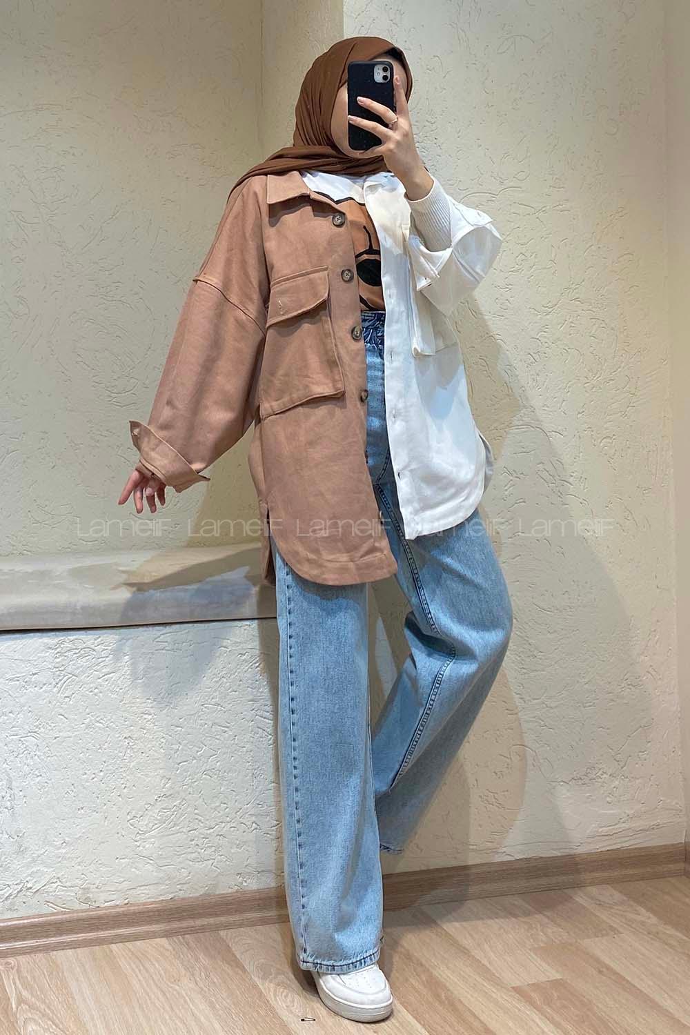 Modalamelif Renk Garnili Gabardin Ceket Camel Ekru