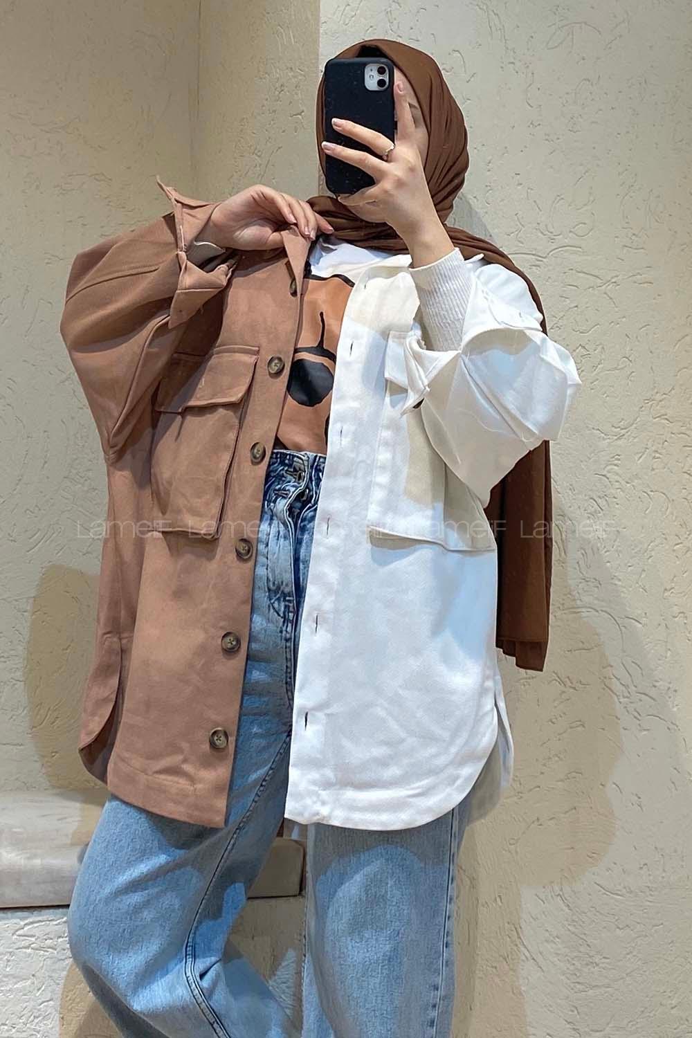 Modalamelif Renk Garnili Gabardin Ceket Camel Ekru