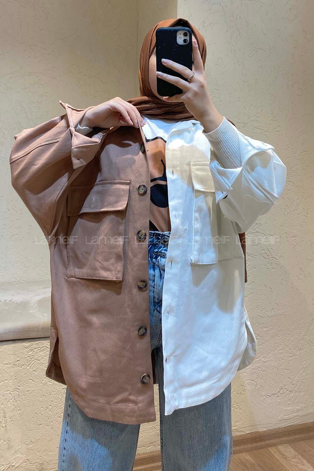 Modalamelif Renk Garnili Gabardin Ceket Camel Ekru