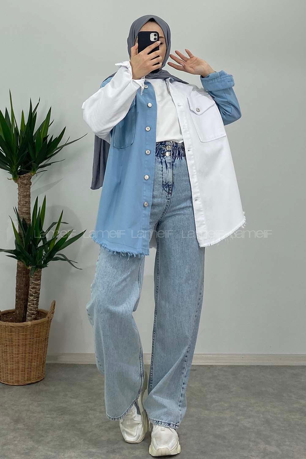 Modalamelif Renk Geçişli Gabardin Gömlek Ceket Açık Mavi Ekru