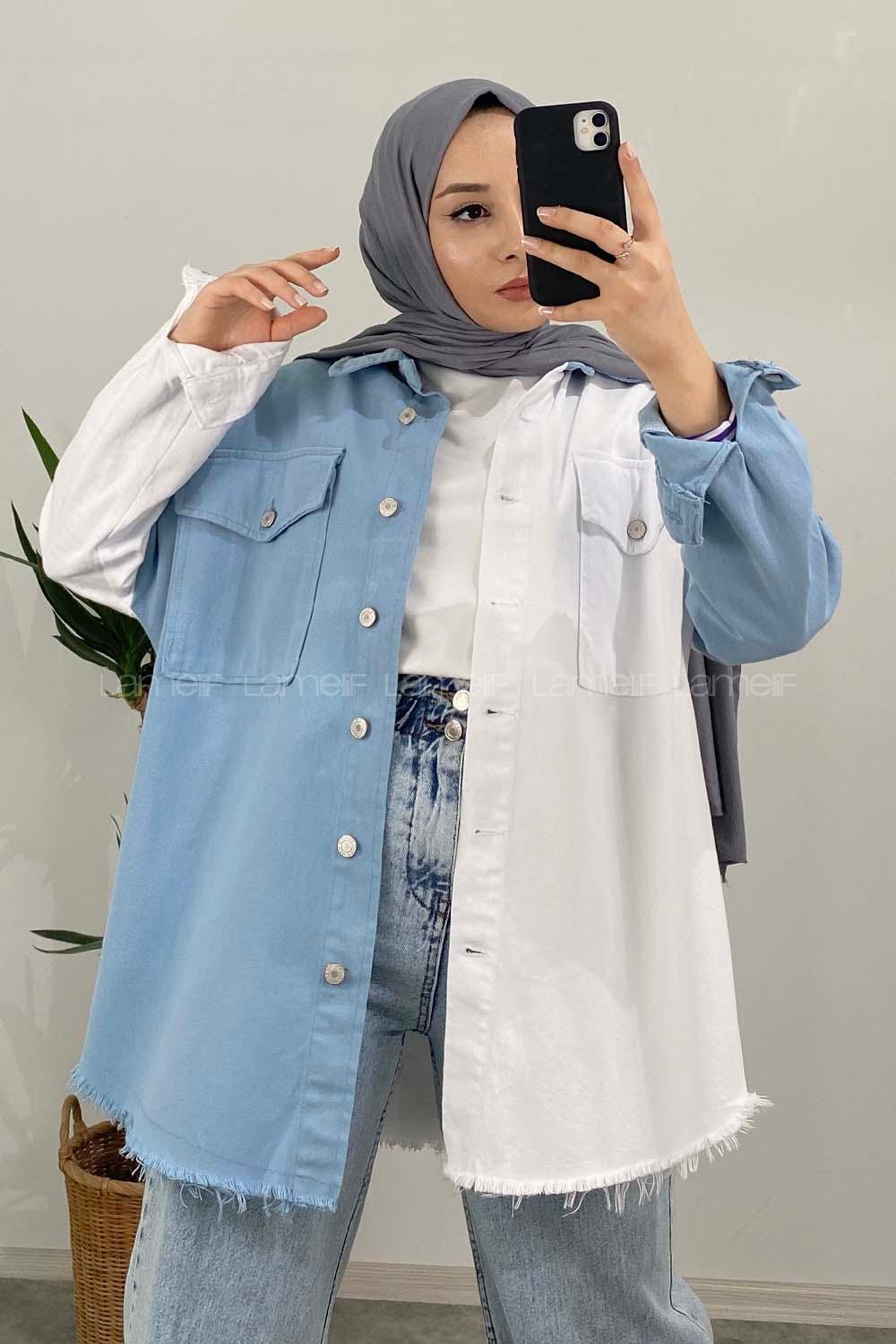 Modalamelif Renk Geçişli Gabardin Gömlek Ceket Açık Mavi Ekru