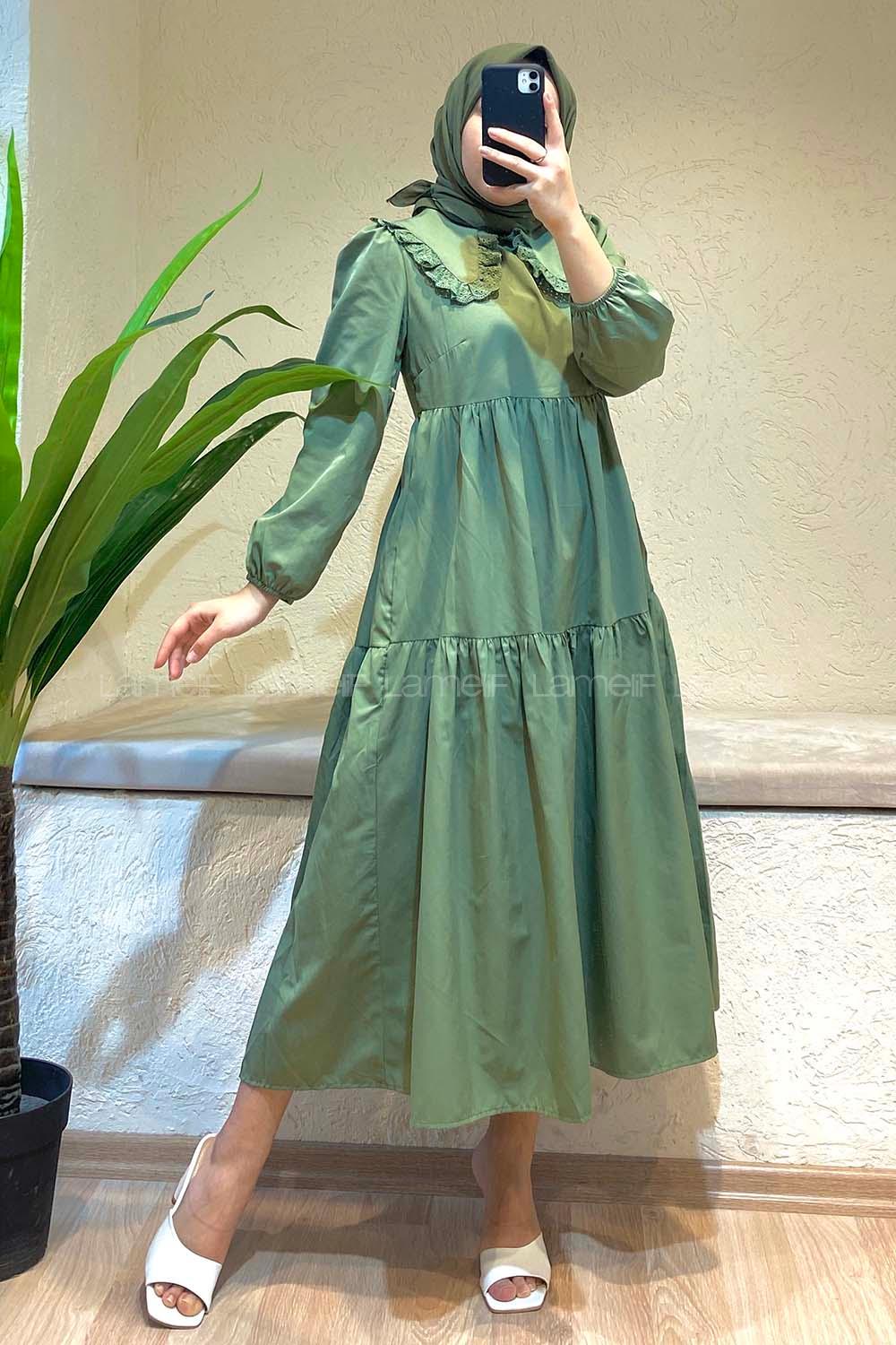 Modalamelif Yaka Dantelli Elbise Çağla