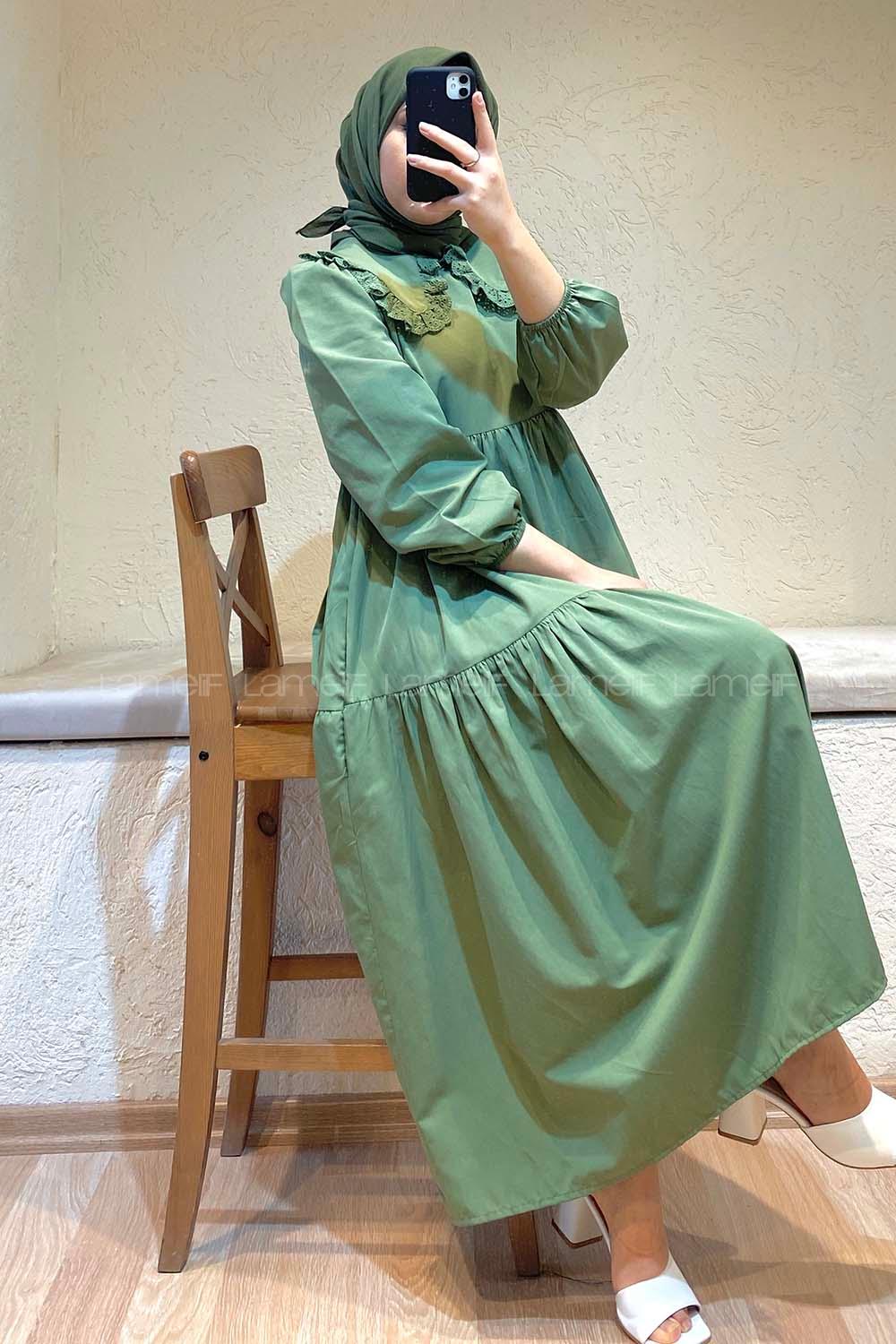 Modalamelif Yaka Dantelli Elbise Çağla