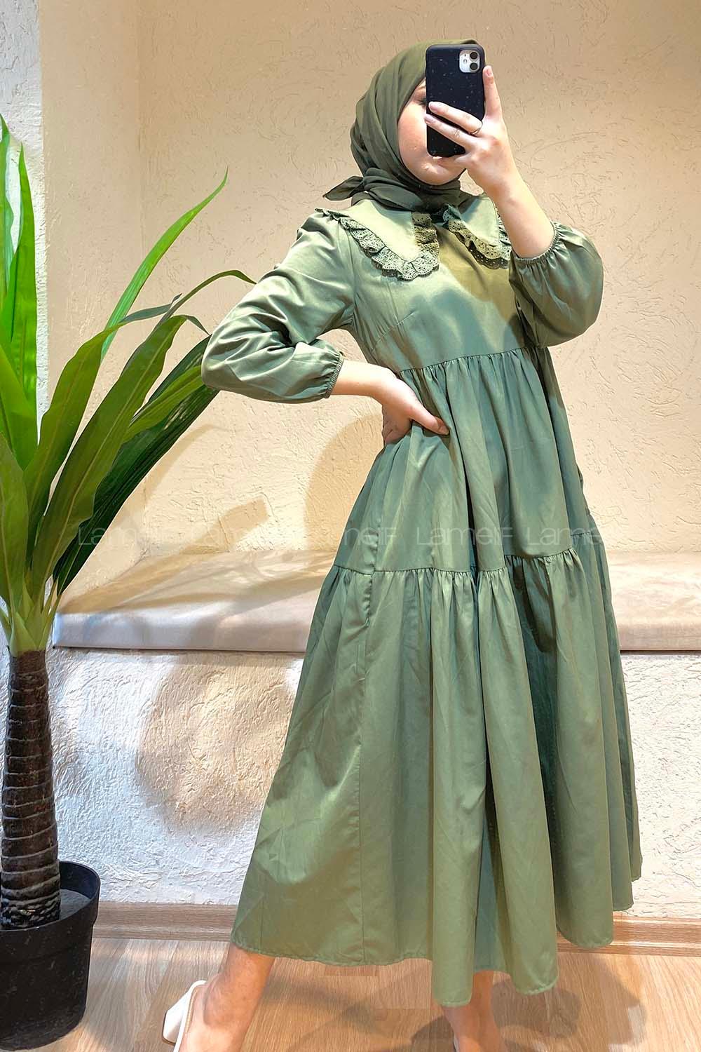 Modalamelif Yaka Dantelli Elbise Çağla