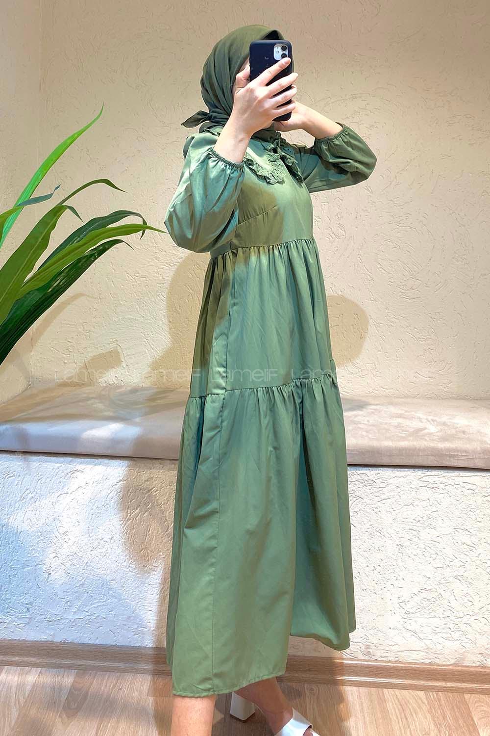 Modalamelif Yaka Dantelli Elbise Çağla