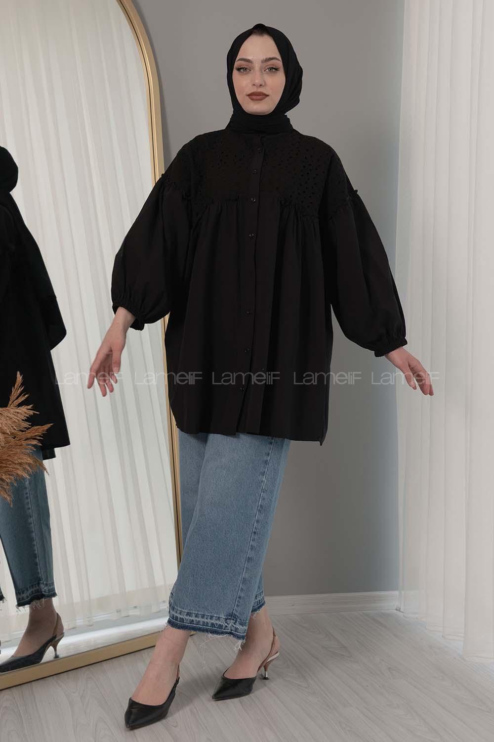 Modalamelif Yaka Fırfırlı Güpürlü Tunik Siyah