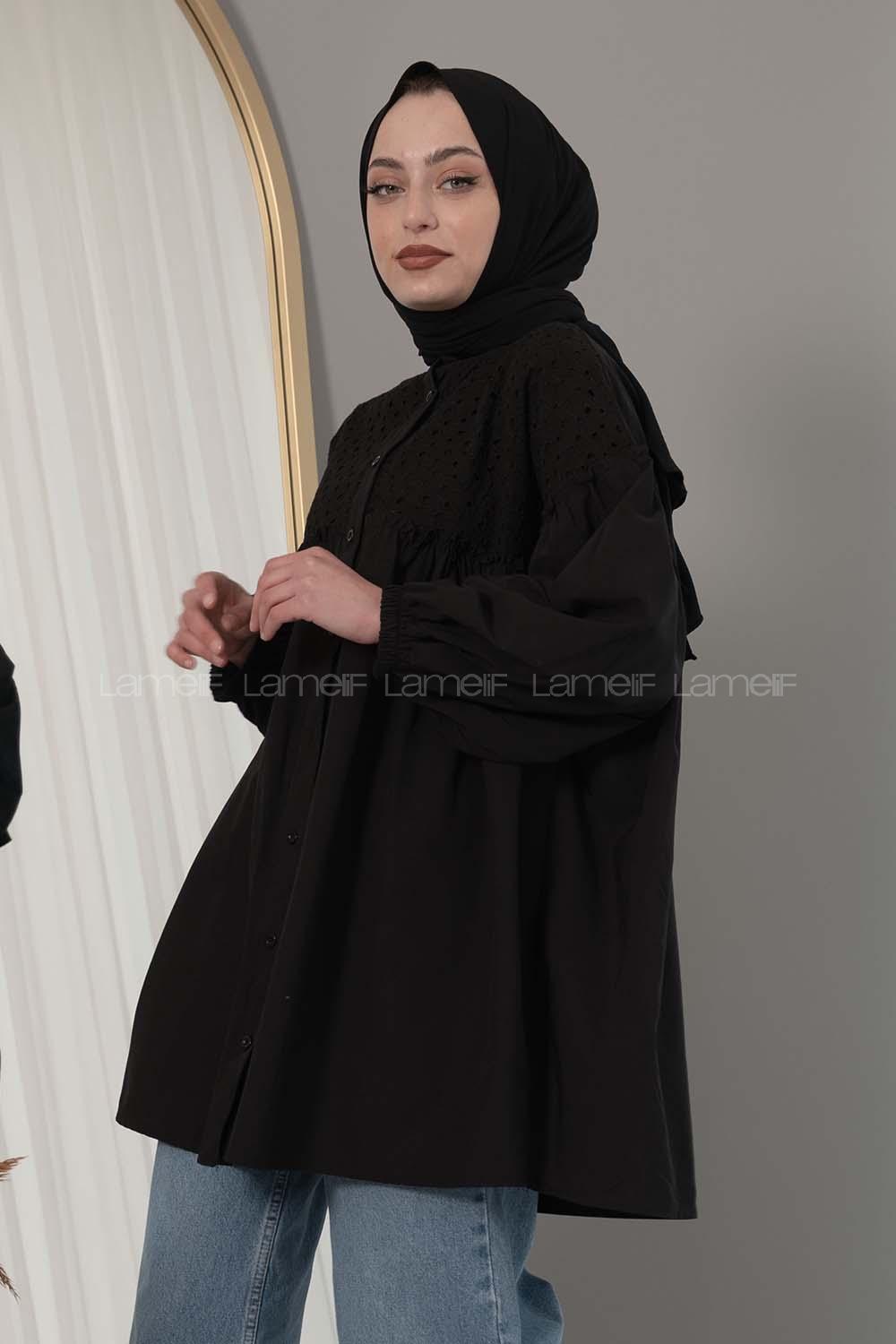 Modalamelif Yaka Fırfırlı Güpürlü Tunik Siyah