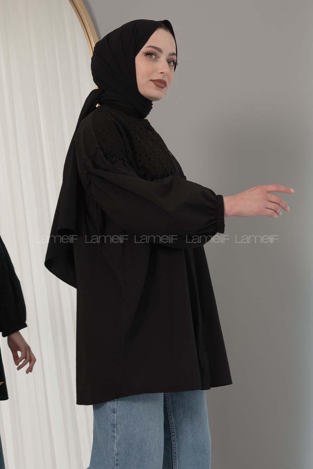 Modalamelif Yaka Fırfırlı Güpürlü Tunik Siyah