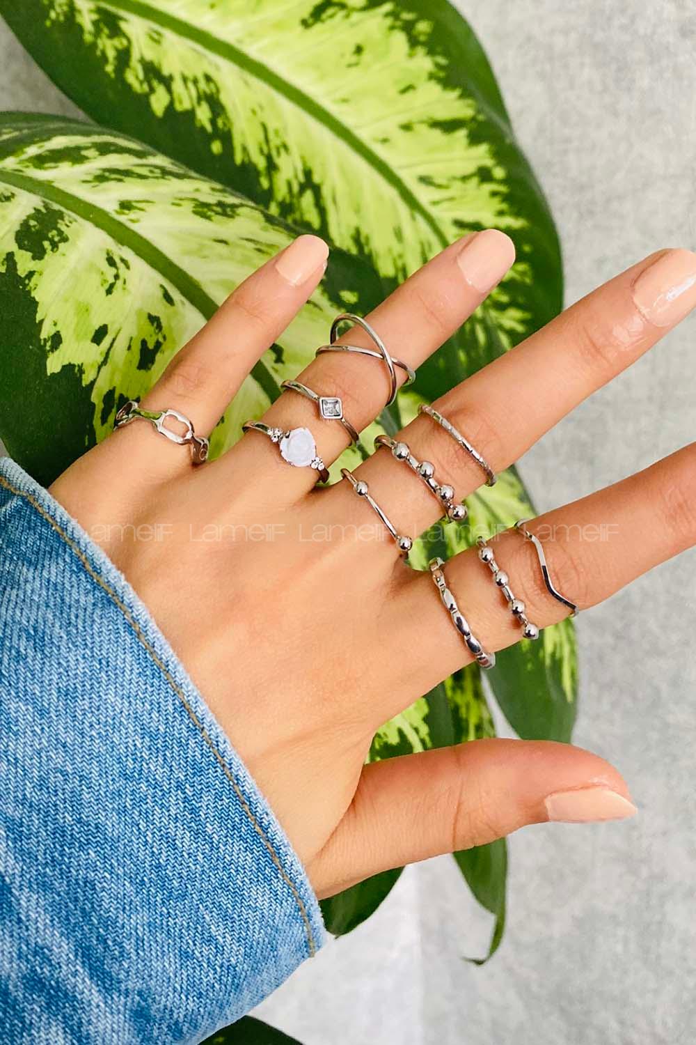 Modalamelif 10lu Set Gümüş Gül Detay Eklem Yüzük