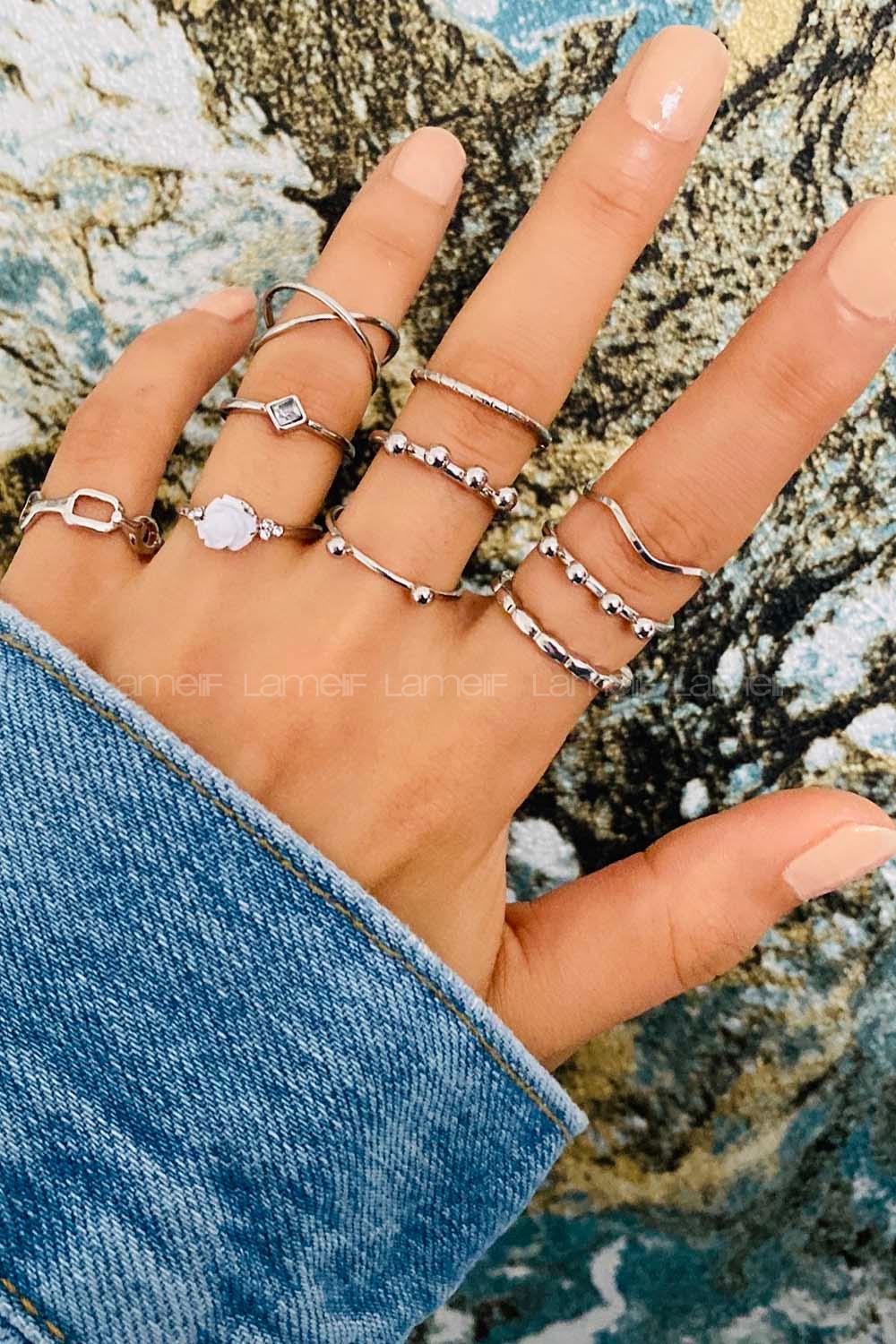 Modalamelif 10lu Set Gümüş Gül Detay Eklem Yüzük