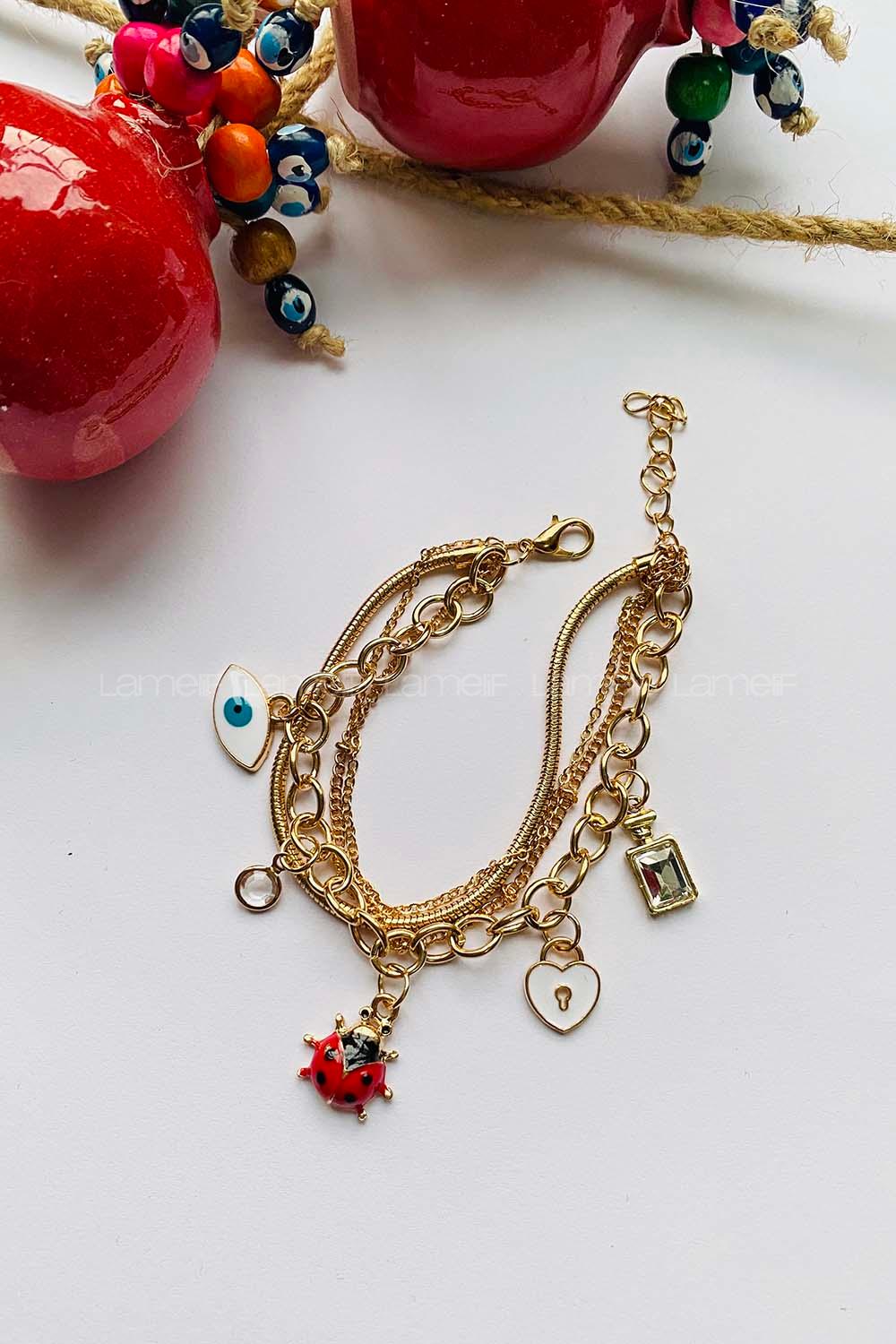 Modalamelif 3lü Zincir Gold Uğur Böceği Bileklik