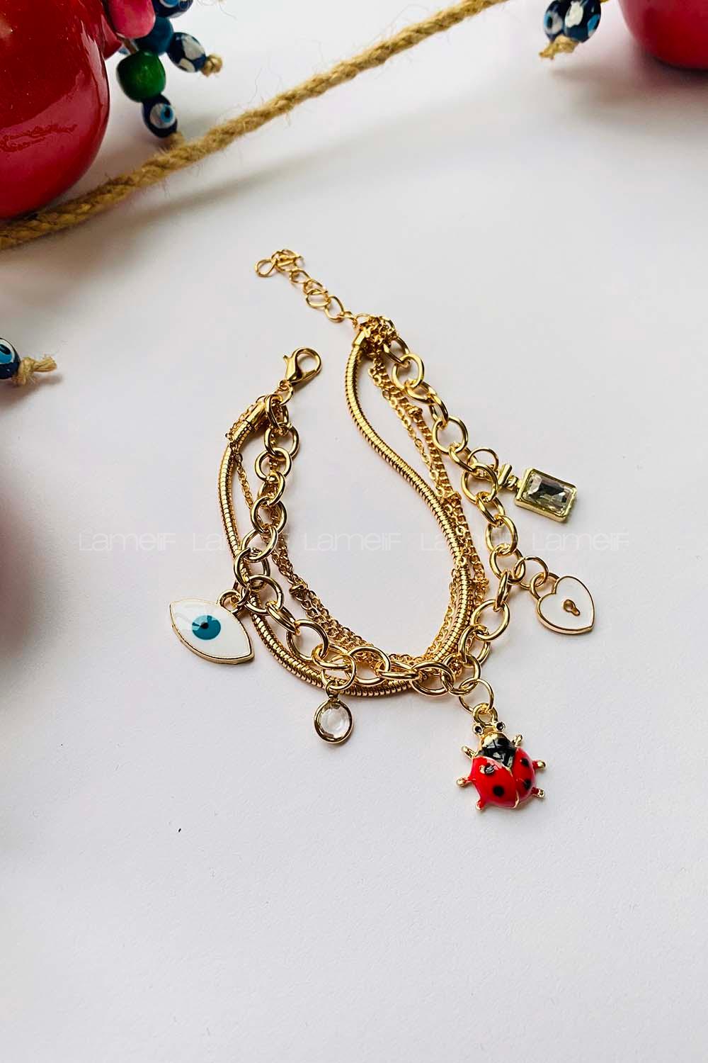 Modalamelif 3lü Zincir Gold Uğur Böceği Bileklik