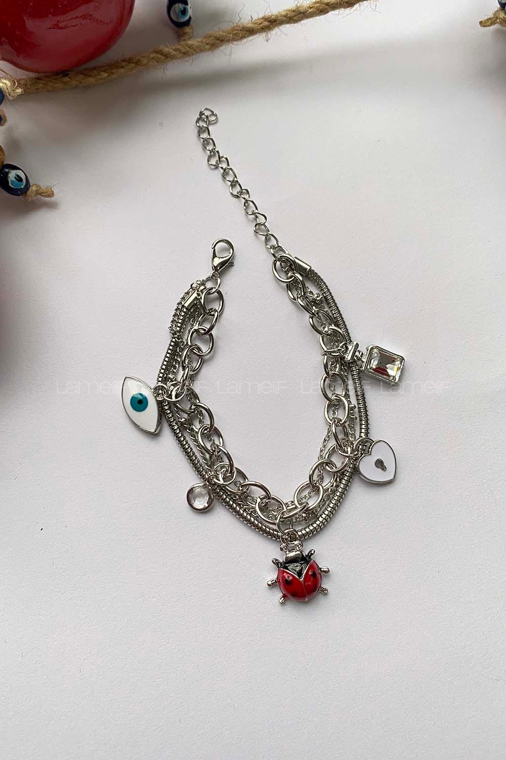 Modalamelif 3lü Zincir Gümüş Uğur Böceği Bileklik