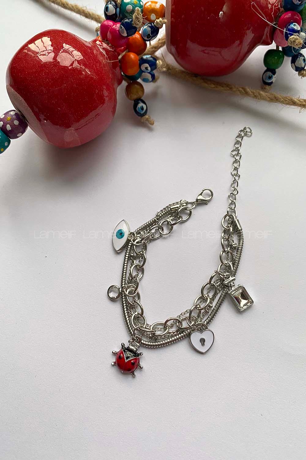 Modalamelif 3lü Zincir Gümüş Uğur Böceği Bileklik