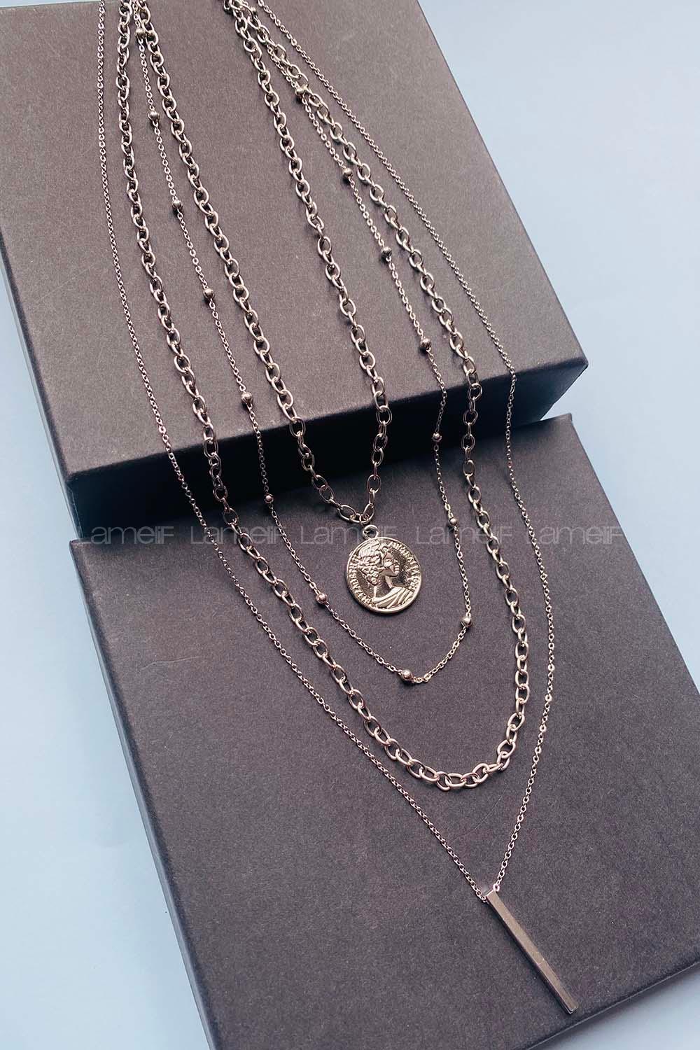 Modalamelif 4lü Zincir Gümüş Tura Kolye