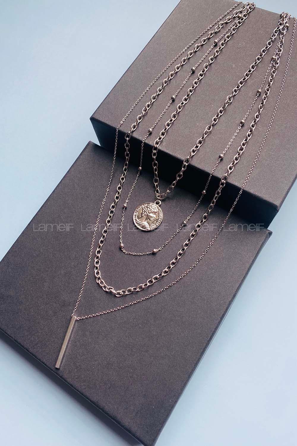 Modalamelif 4lü Zincir Gümüş Tura Kolye