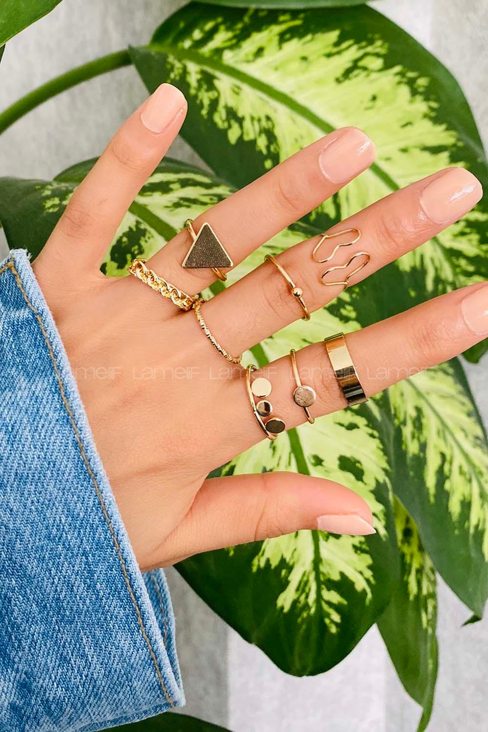 Modalamelif 8li Set Gold Geometrik Detay Eklem Yüzük