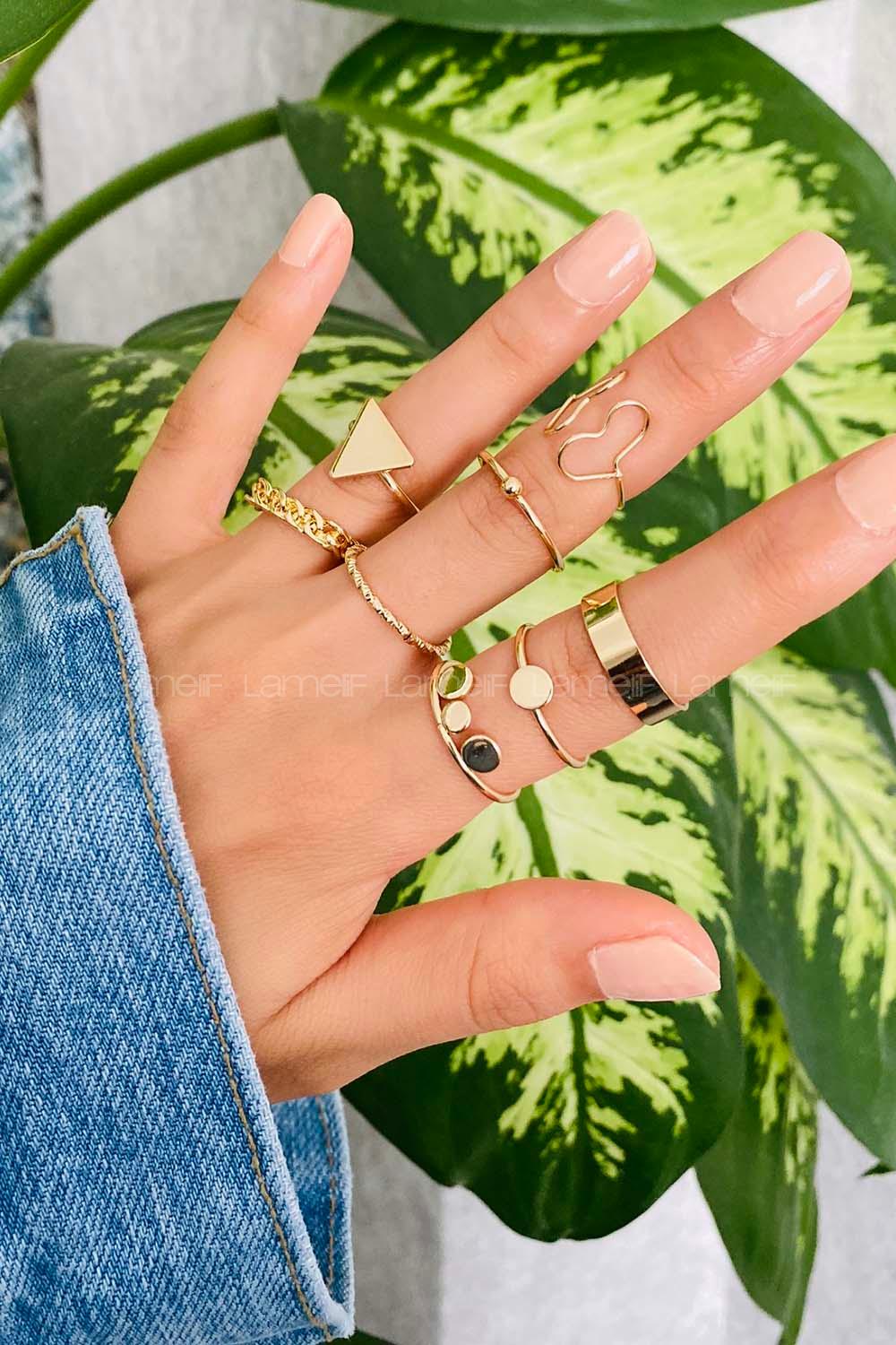 Modalamelif 8li Set Gold Geometrik Detay Eklem Yüzük